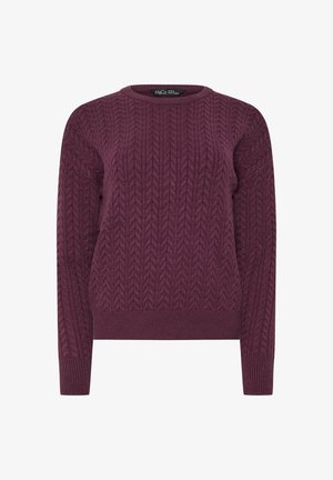 Pull en maille texturée de couleur bordeaux foncé, avec un col rond et des bords côtes aux poignets et à l'ourlet. Fabriqué en tissu doux et chaud avec un motif en torsade.