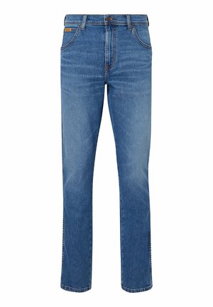Blå denim jeans med lige pasform, fem lommer, en knaplukning og kontrasterende syninger langs sømmene. Glat tekstur, mellemhøj talje.