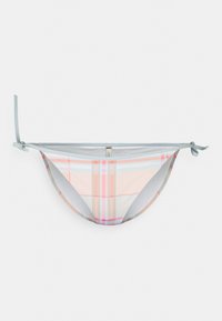 Parte de baixo de bikini com um padrão xadrez pastel em cores rosa, azul e creme, com laços nas laterais e uma textura suave.