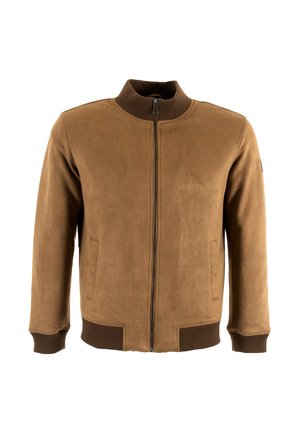 Giubbotto bomber in suede marrone con polsini e colletto a coste, dotato di chiusura frontale con zip e due tasche laterali. Tessuto liscio e design slanciato.