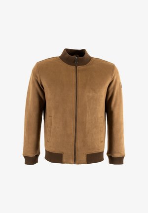 Giubbotto bomber in suede marrone con polsini e colletto a coste, dotato di chiusura frontale con zip e due tasche laterali. Tessuto liscio e design slanciato.