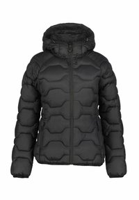 Sort puffjakke med hætte, quiltet design, lynlås lukning og sidelommer. Fremstillet af letvægts, vandafvisende materiale.