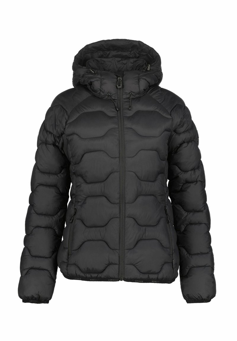 Sort puffjakke med hætte, quiltet design, lynlås lukning og sidelommer. Fremstillet af letvægts, vandafvisende materiale.