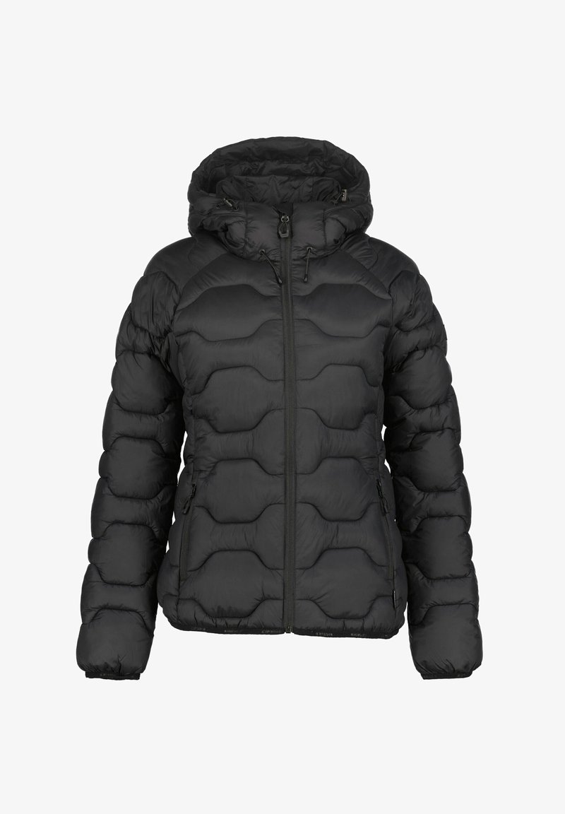Svart puffjacka med huva, kviltad design, dragkedjestängning och sidofickor. Tillverkad av lätt, vattenavvisande material.