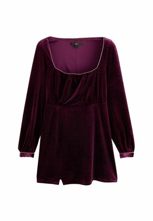 Burgundy velvet dress with a square neckline, long puff sleeves, and subtle gathered detail at the waist. Features cuff accents.