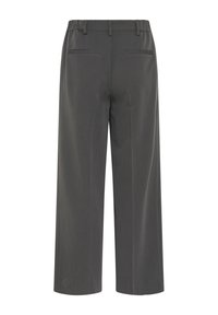 Pantalon gris foncé à jambes larges avec ceinture élastique et deux poches passepoilées à l'arrière, vu de dos.