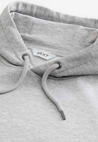 Grey hoodie made of soft fabric features a drawstring hood with metal eyelets and a label displaying "NEXT." Smooth texture, casual design.