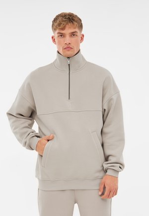 Light grey sweatshirt made of soft fabric, featuring a half-zip collar, ribbed cuffs, and two front pockets with a seam design.