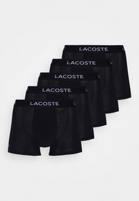 Black cotton boxer briefs, five-pack, featuring a textured fabric, a snug fit, and elastic waistbands with "Lacoste" logo in white.