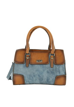 Gestructureerde handtas in bruin en blauw kunstleer met twee handvatten, decoratieve stiksels en een klein voorste sluitinkje.