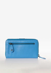 Blauwe leren portemonnee met een gladde textuur, voorzien van een ritsvak en een veilige sluiting. Minimalistisch ontwerp met contrasterende stiksels.