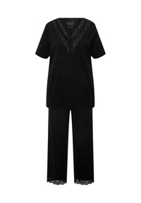 Completo da soggiorno nero composto da una maglietta a maniche corte con scollo a V e bordi in pizzo, abbinato a pantaloni larghi con dettagli in pizzo sull'orlo.