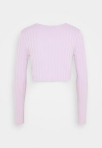 Lilac ribbed long-sleeve crop top with a round neckline. Soft texture with vertical stripes and fitted design. No visible hardware.