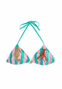 Top de bikini triangular con rayas turquesas y rosas. Presenta diseños con cuentas de caballito de mar y langosta. Se ata en el cuello y la espalda.