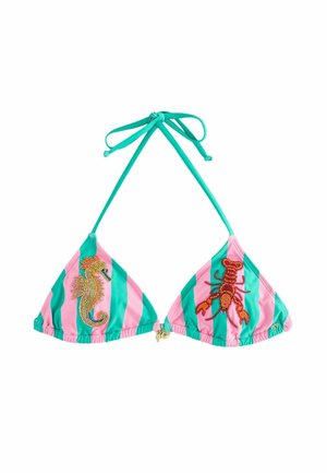 Triangular bikini top with turquoise and pink stripes. Features beaded seahorse and lobster designs. Ties at the neck and back.