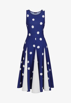 Vestido azul sin mangas con lunares blancos, cuerpo ajustado y falda acampanada de longitud a la rodilla con paneles verticales. Textura de tela suave.