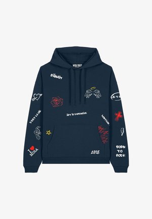 Navy hoodie featuring various colorful embroidered designs, including a rose, angel wings, and text elements. Front kangaroo pocket included.