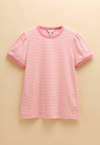 Pink and white striped short-sleeve T-shirt with a round neck, featuring puffed sleeves and a small brand label on the side. Soft fabric.