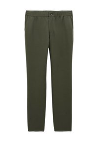 Pantalons de sport vert olive avec fermeture à bouton, devant plat et deux poches latérales. Texture lisse avec design épuré et coutures minimales.