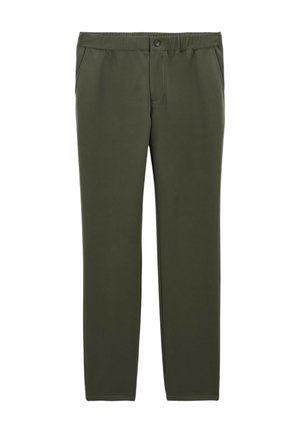 Pantalons de sport vert olive avec fermeture à bouton, devant plat et deux poches latérales. Texture lisse avec design épuré et coutures minimales.
