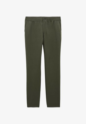 Pantalons de sport vert olive avec fermeture à bouton, devant plat et deux poches latérales. Texture lisse avec design épuré et coutures minimales.