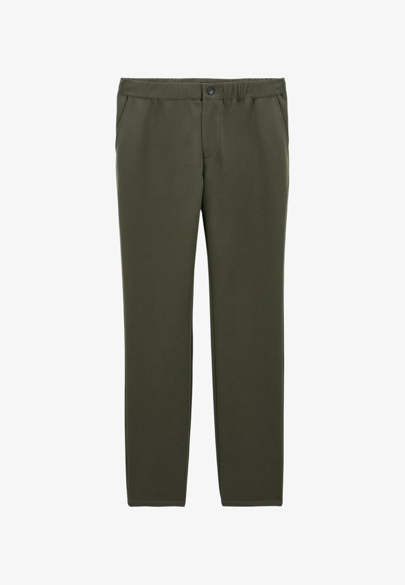 Pantalons de sport vert olive avec fermeture à bouton, devant plat et deux poches latérales. Texture lisse avec design épuré et coutures minimales.