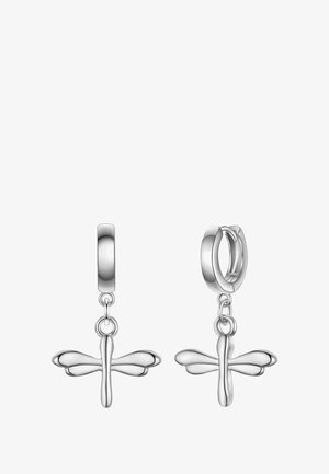 Srebrne uhane s motivom libelice, obešene na okroglih zaponkah, z poliranimi površinami in gladkimi teksturami.