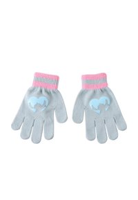 Grijze gebreide handschoenen met een roze gestreepte manchet, voorzien van blauwe hartontwerpen op de palms, met een zachte en gestructureerde afwerking.