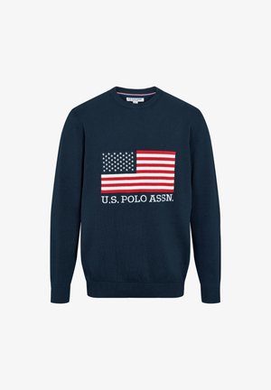 Laivastonsininen pyöreäkauluksinen neulepaita, jossa on Yhdysvaltain lippu ja teksti "U.S. POLO ASSN." kirjailtuna etupuolella.