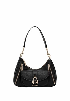 Sac à main Guess en cuir texturé noir avec des fermetures éclair dorées, une poche à rabat à l'avant et une courte bandoulière.