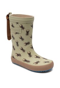 Botte de pluie beige pour enfant avec imprimé scarabée marron, bord de semelle marron texturé, semelle bleue et languette marron étiquetée "bisgaard".