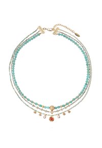 Collier multibrins avec des perles teal, des accents dorés et un pendentif central avec un détail rouge. Chaîne avec fermoir réglable.