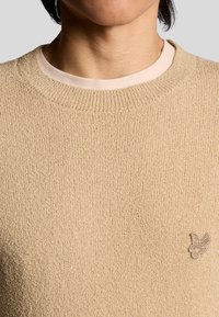 Maglione beige lavorato a maglia con una finitura testurizzata e scollatura a girocollo. Presenta un piccolo logo ricamato nell'angolo inferiore.