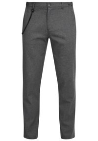 Pantalon gris foncé texturé coupe slim avec fermeture à boutons, passants de ceinture, poches avant et chaîne noire décorative sur le côté gauche.