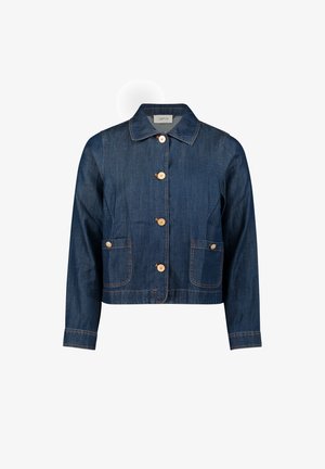 Dunkelblaue Jeansjacke mit Holzknöpfen, zwei Vordertaschen, langen Ärmeln und klassischem Kragen.