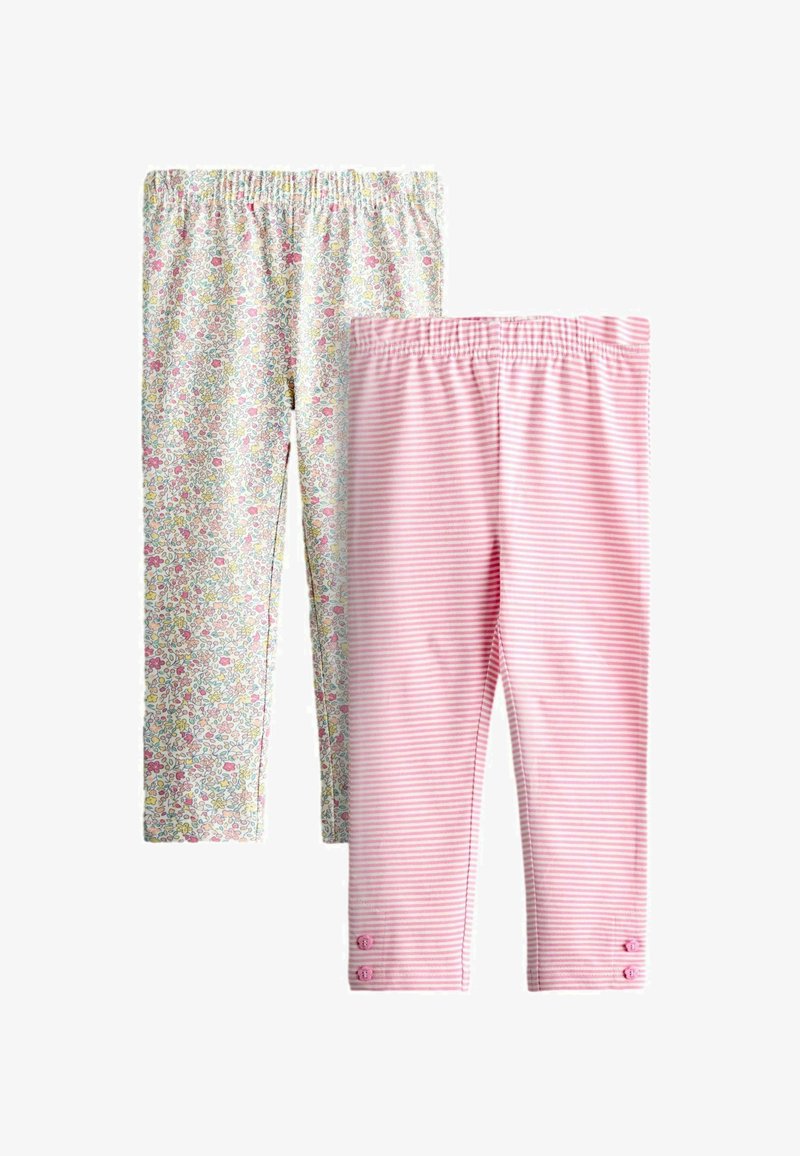 Due paia di leggings per bambini, uno con strisce rosa e bianche e dettagli con bottoni, l'altro con un motivo floreale multicolore.