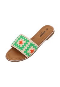 Ploché sandály s širokým vyšívaným páskem s zelenými a oranžovými vzory na béžovém pozadí, s tan imitací kožené podrážky.