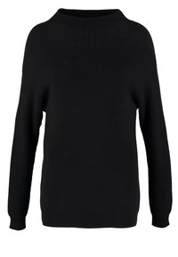 Pull noir à manches longues en maille côtelée avec un col rond et des manches à poignets.