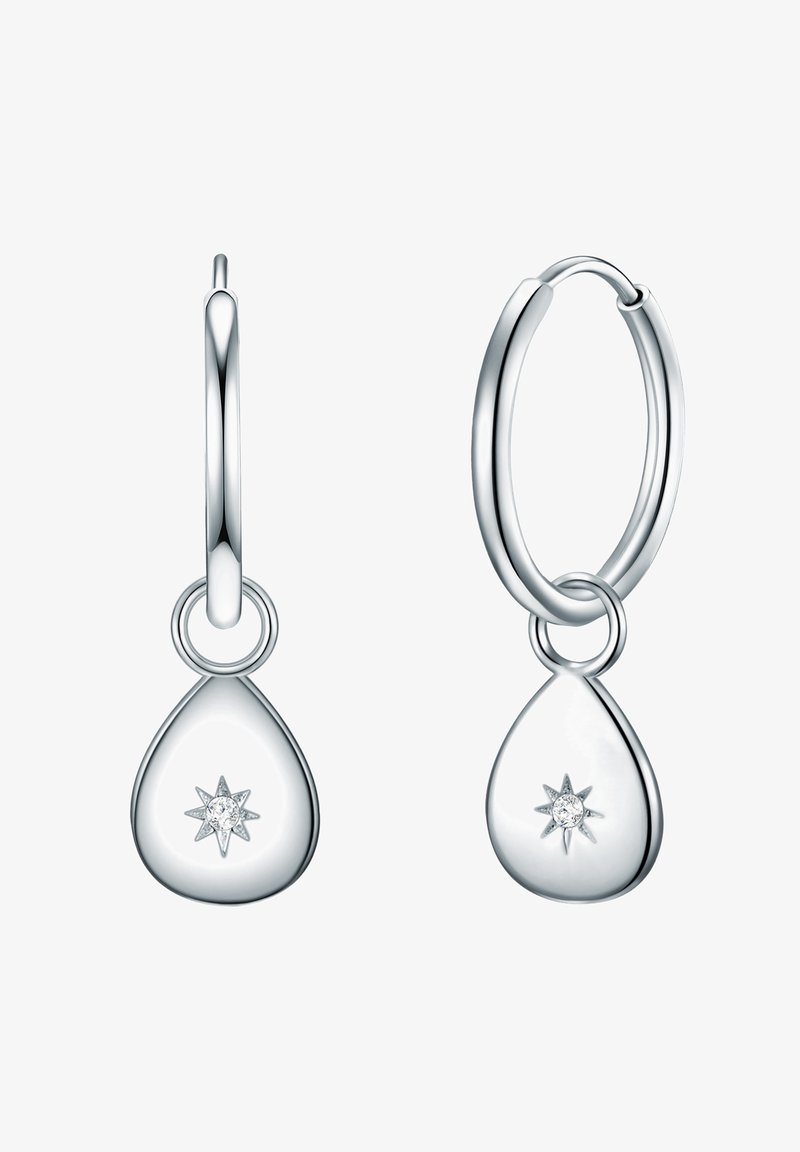 Silverfärgade hoops med en tårformad hänge, som har en stjärndesign med en liten ädelsten i mitten. Polerad yta.