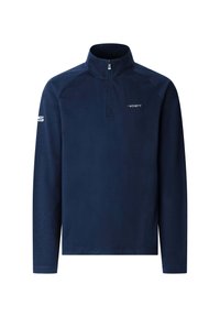 Pullover blu navy a maniche lunghe con cerniera a un quarto, con logo "Hackett" sul petto e testo bianco sulla manica destra.