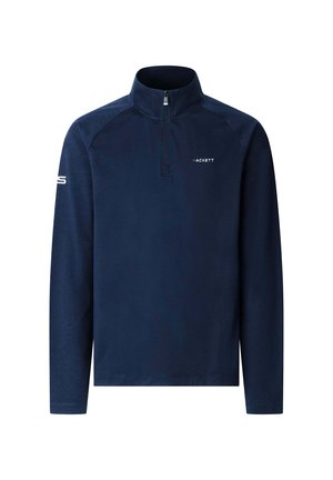 Pull-over bleu marine à manches longues avec fermeture éclair quart de zip et logo "Hackett" sur la poitrine, ainsi que texte blanc sur la manche droite.