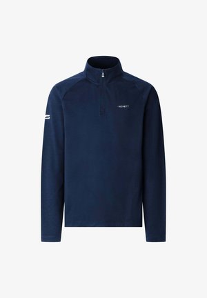 Sudadera azul marino de manga larga con cremallera hasta el pecho y el logo "Hackett" en el pecho, con texto blanco en la manga derecha.