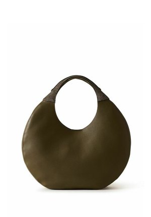 Sac à main en cuir arrondi vert olive foncé avec une poignée texturée et une découpe circulaire pour porter.
