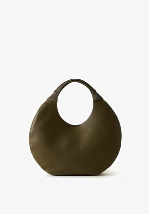 Borsa a mano in pelle arrotondata verde oliva scuro con manico testurizzato e un foro circolare per trasportarla.
