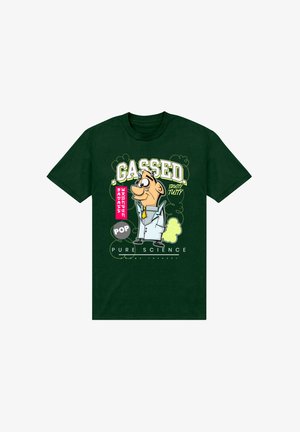 Dunkelgrünes Baumwoll-T-Shirt mit einer Grafik eines Cartoon-Wissenschaftlers, dem Text "GASSED" in leuchtenden Farben und dem Label "PURE SCIENCE" am unteren Ende.