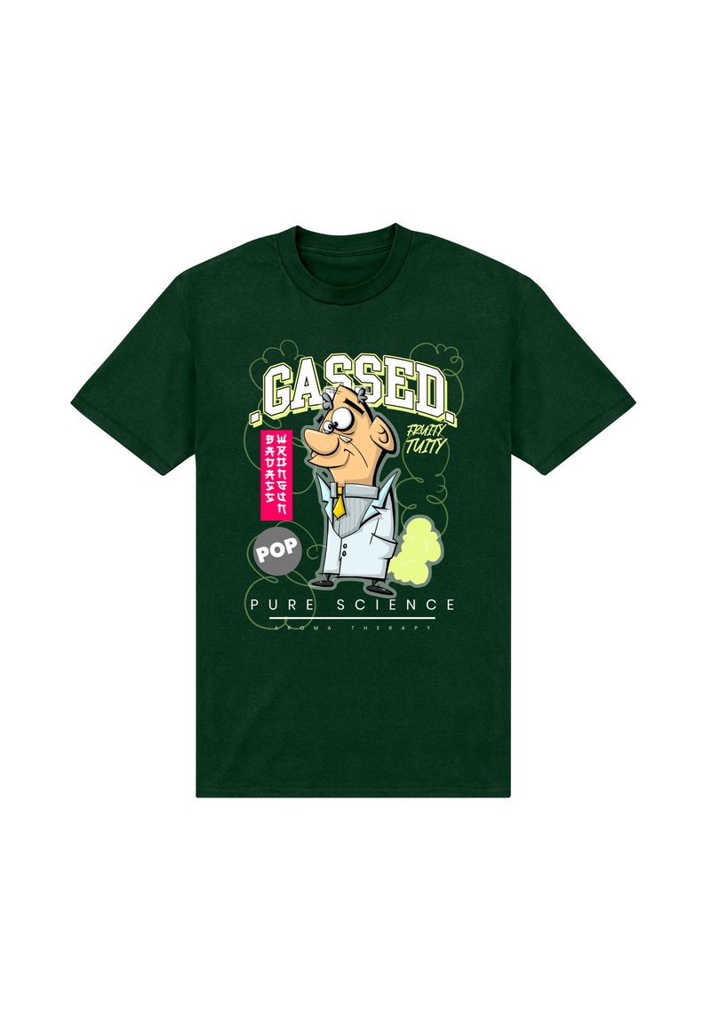 Mörkgrön bomullströja med en tecknad vetenskapsman grafik med texten "GASSED", i klara färger, och etiketten "PURE SCIENCE" längst ner.
