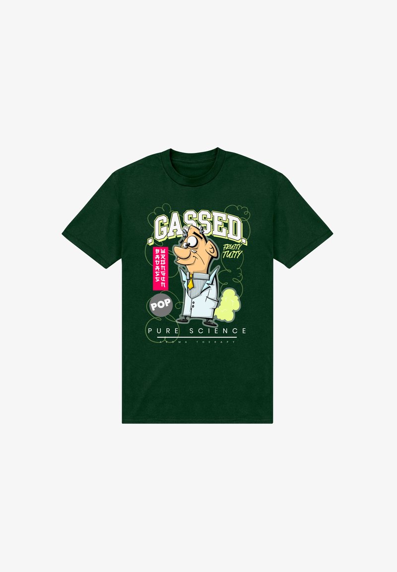 Mørkegrøn bomulds T-shirt med et tegneserieagtigt videnskabsmand grafik med "GASSED" tekst, klare farver og "PURE SCIENCE" label forneden.