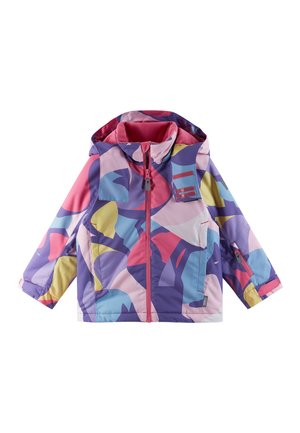 Farbige, gepolsterte Jacke mit Kapuze, die abstrakte Muster in Pink, Lila, Gelb und Blau aufweist. Enthält Reißverschluss- und Klettverschluss-Taschen.
