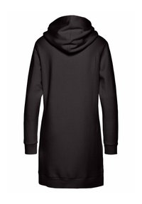 Schwarzes Kapuzensweatkleid mit langen Ärmeln und gerippten Bündchen. Bietet eine lockere Passform und ein minimales Design, hergestellt aus weichem, strukturiertem Stoff.