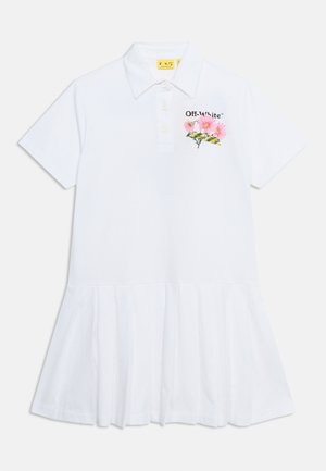 Robe polo blanche à manches courtes avec col, trois boutons, ourlet de jupe plissé et motif fleur rose avec logo "Off-White" sur la poitrine.